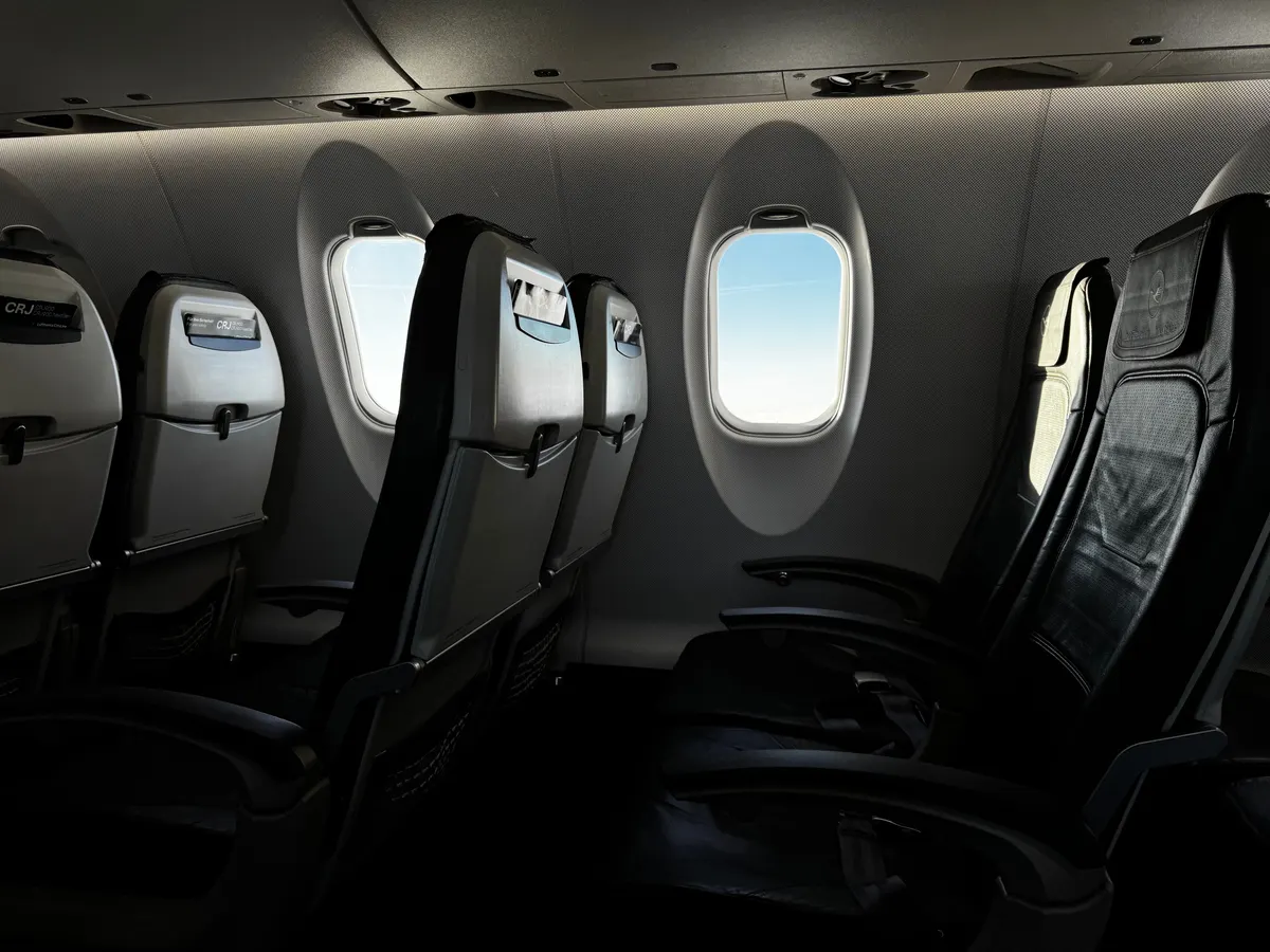 Airplane cabin seats and the under seat floor space an airline approved dog carrier has to fit