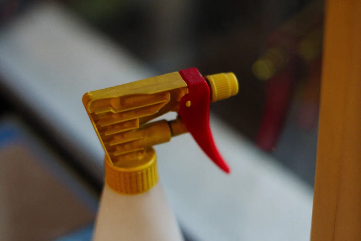 Spraying a pet stain remover onto carpet and blotting it