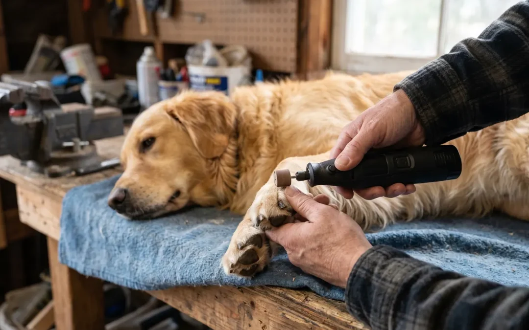 Dog nail grinder on a golden retriever's paw at a garage workbench